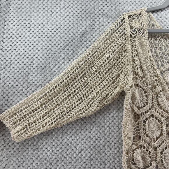 Y2K VTG Fever Cardigan L Beige Crochet V-Neck Tie Front Coquette Boho Festival - Picture 5 of 14